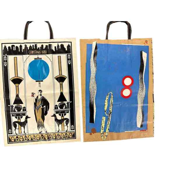 2 VTG Bloomingdales Paper Bags Laurie Rosenwald 1981 & Christmas 1980 ARt Deco - Picture 1 of 6